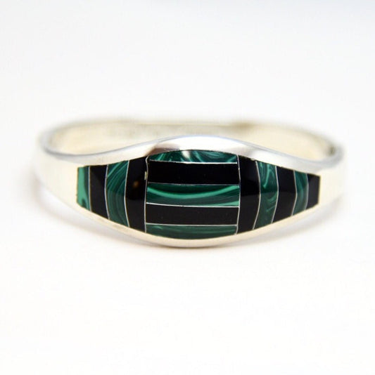 Vintage Taxco Mexico Sterling Silver Onyx & Malachite Hinged Bangle Bracelet 7"