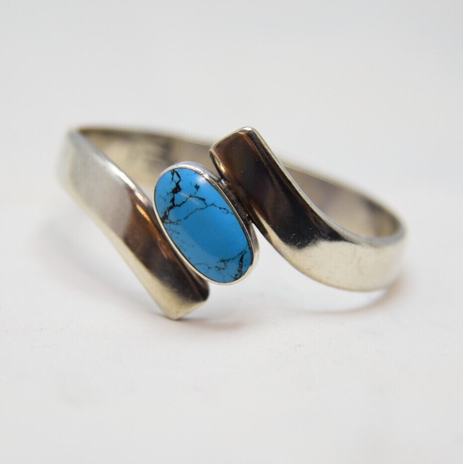 Vintage Sterling Silver & Turquoise Mexican Modernist Clamper Bracelet
