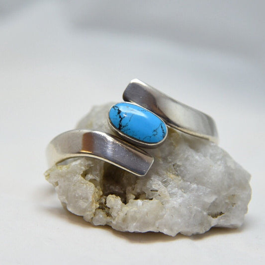 Vintage Sterling Silver & Turquoise Mexican Modernist Clamper Bracelet