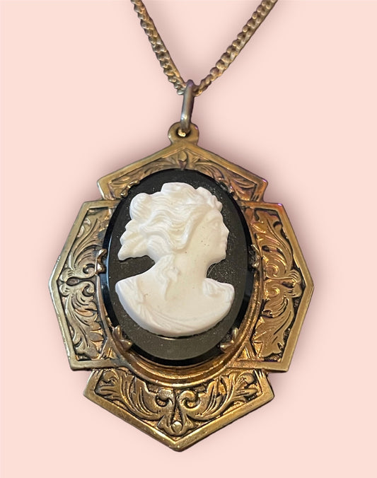 Art Nouveau Mourning Cameo Locket Necklace