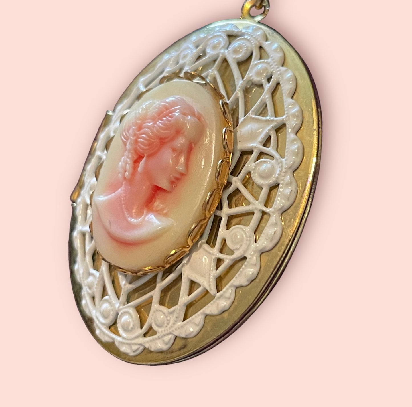 Pink & White Celluloid Lace Gold Cameo Vintage Locket Necklace