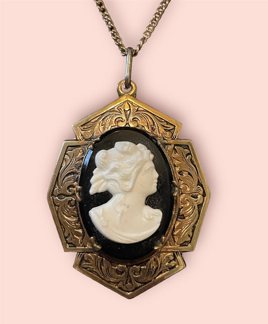Art Nouveau Mourning Cameo Locket Necklace