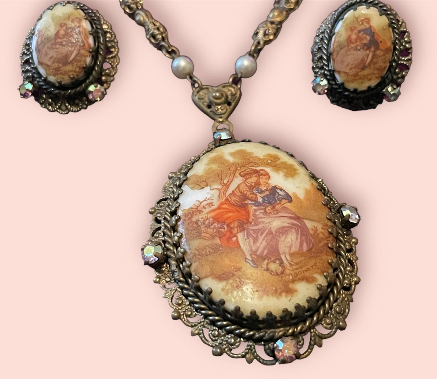 West German Vintage Limogé Courting Couple Brass Filigree Cameo Necklace & Earring Set
