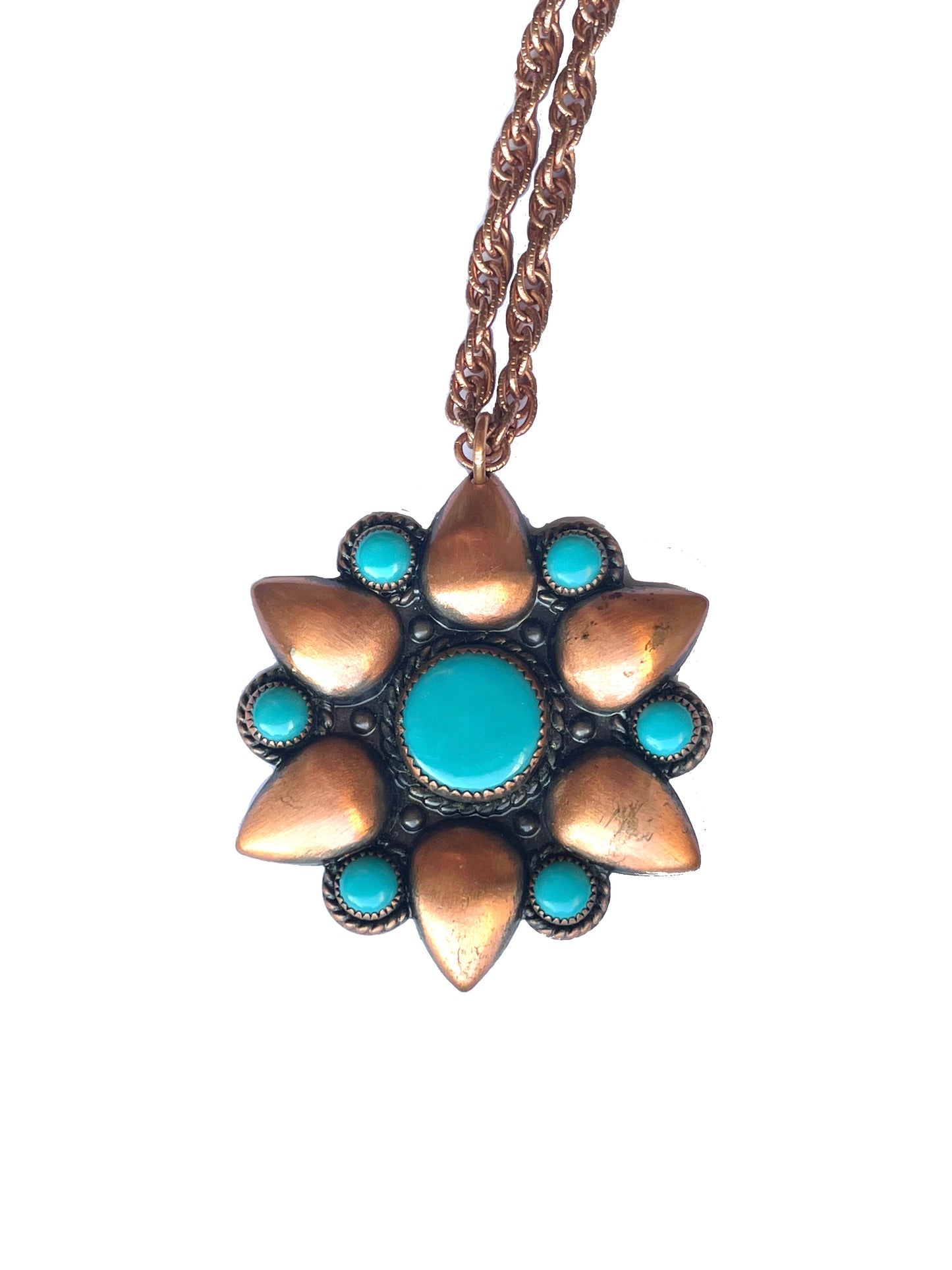 Bell Copper Sunburst Necklace with Faux Turquoise Cabochons c.1940
