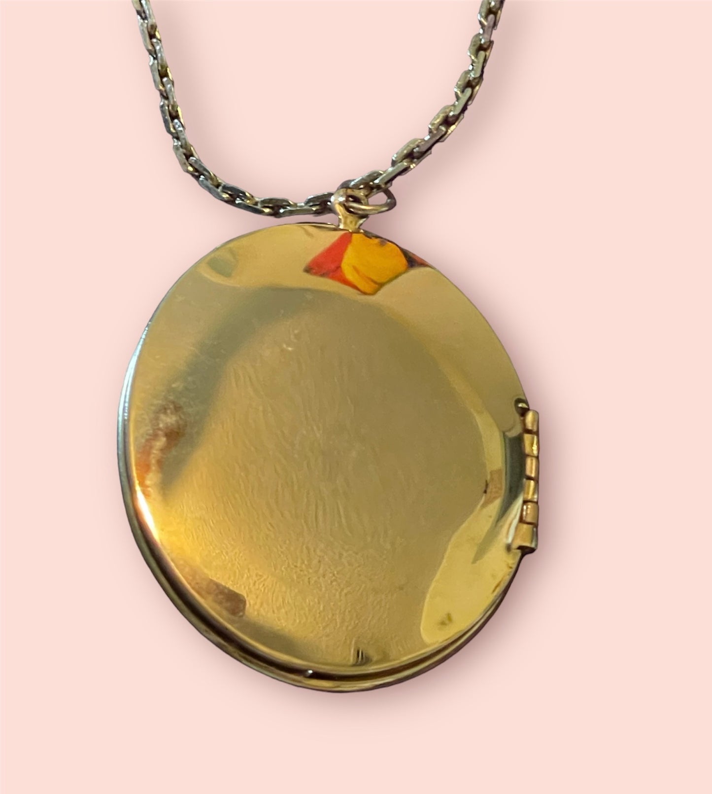 Pink & White Celluloid Lace Gold Cameo Vintage Locket Necklace