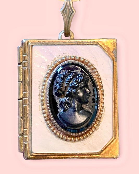Mother of Pearl & Black Glass Cameo Book Locket Vintage Necklace