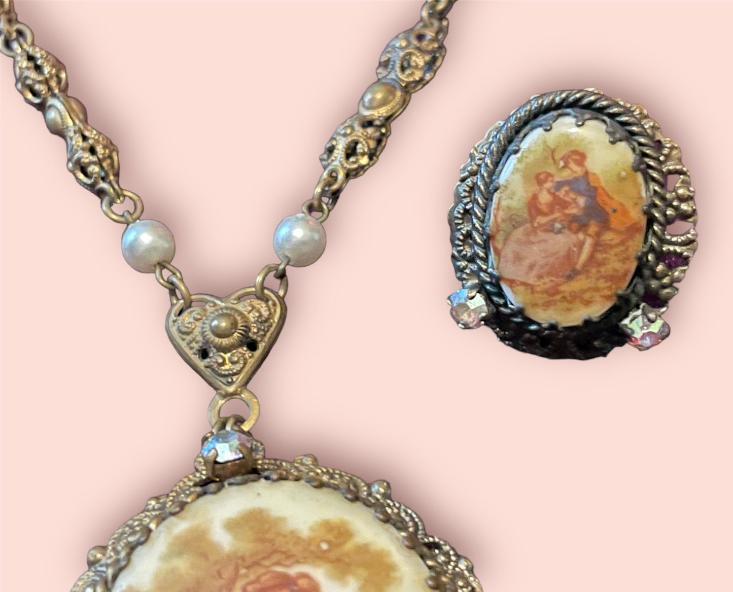 West German Vintage Limogé Courting Couple Brass Filigree Cameo Necklace & Earring Set