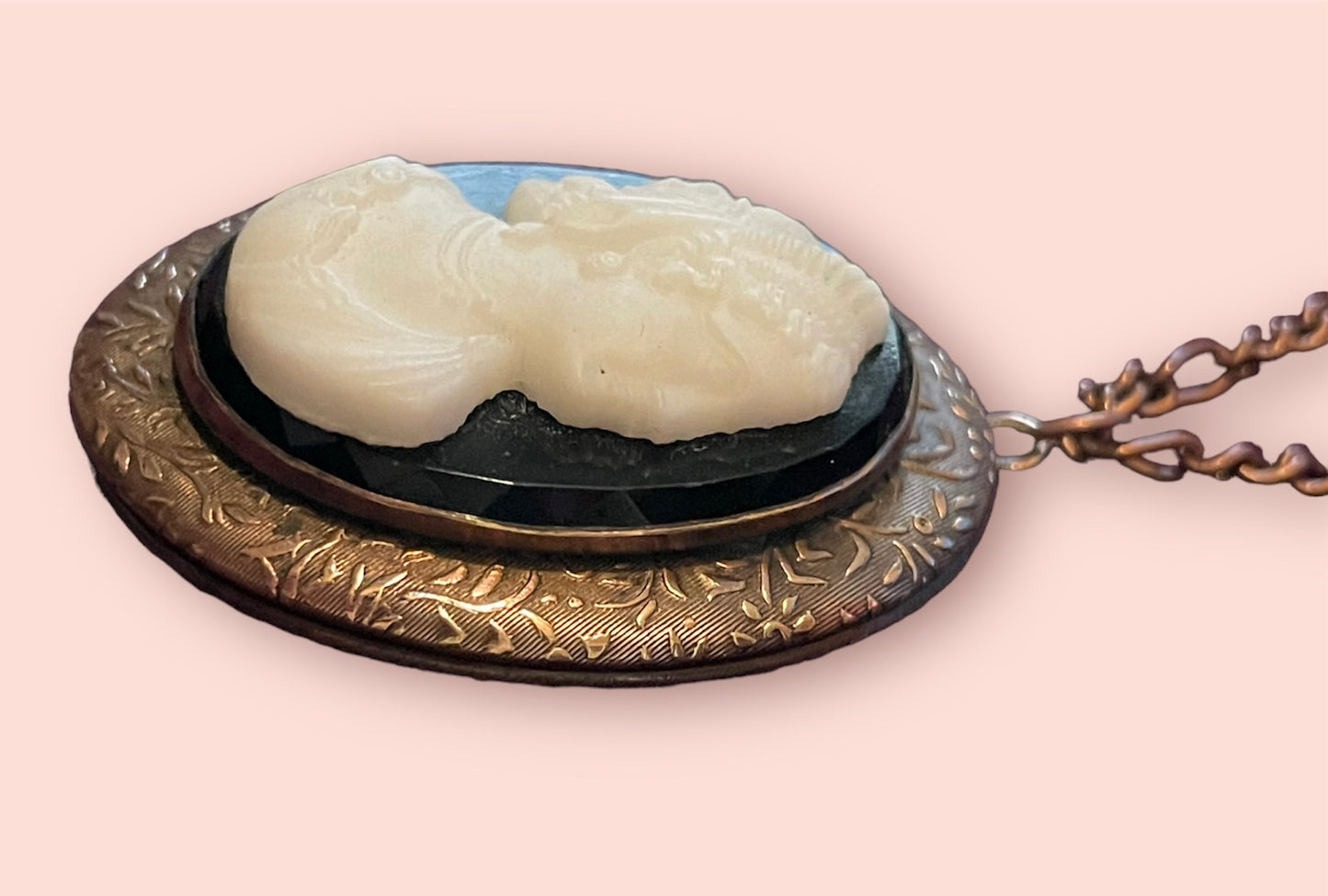 Copper Art Nouveau Black & White Mourning Cameo Locket Necklace