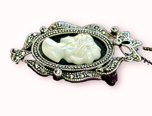Sterling Silver Cameo & Marcasite Mother of Pearl & Onyx Necklace