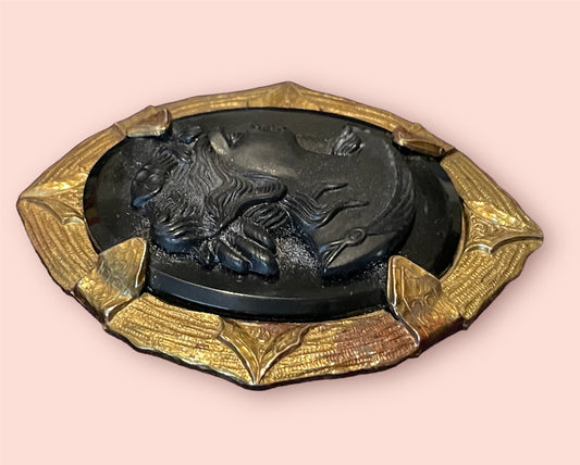 Victorian Black Mourning Cameo Brooch in Brass