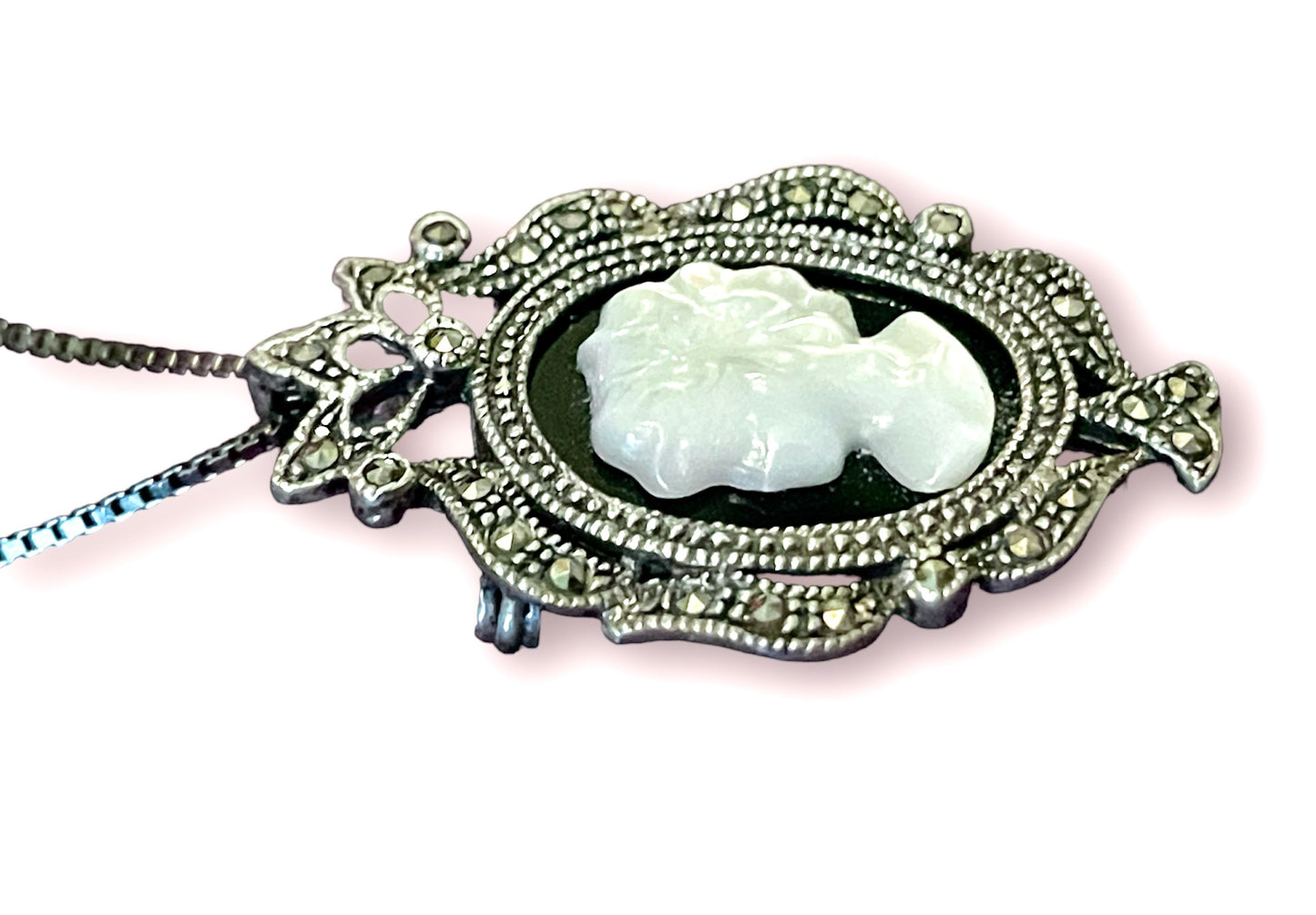 Sterling Silver Cameo & Marcasite Mother of Pearl & Onyx Necklace