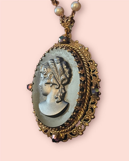 West German Black Mourning Cameo Brass Filigree Necklace with Aurora Borealis Crystal
