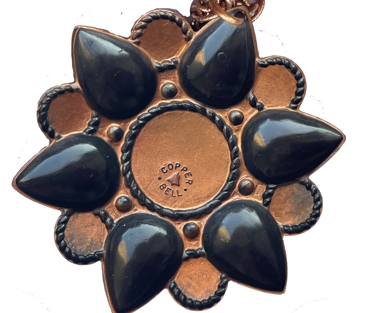 Bell Copper Sunburst Necklace with Faux Turquoise Cabochons c.1940
