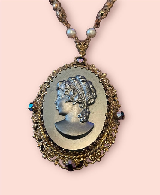 West German Black Mourning Cameo Brass Filigree Necklace with Aurora Borealis Crystal