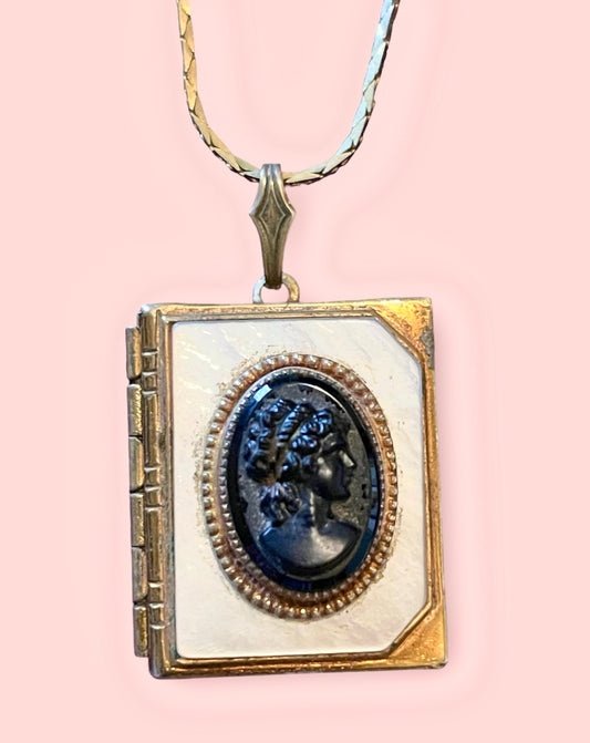 Mother of Pearl & Black Glass Cameo Book Locket Vintage Necklace