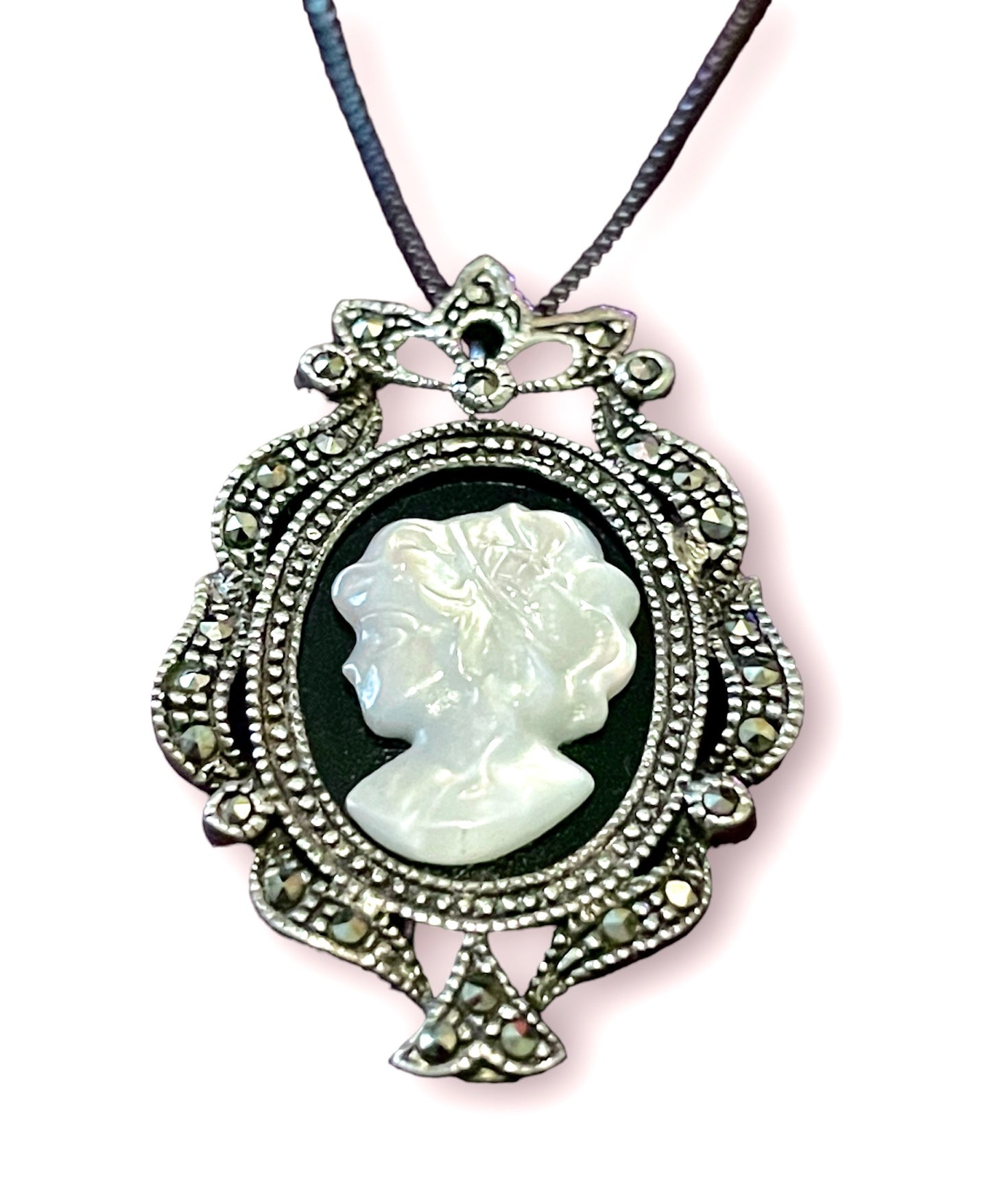 Sterling Silver Cameo & Marcasite Mother of Pearl & Onyx Necklace