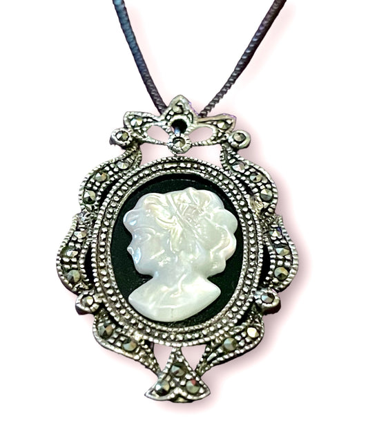 Sterling Silver Cameo & Marcasite Mother of Pearl & Onyx Necklace