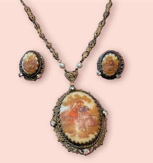 West German Vintage Limogé Courting Couple Brass Filigree Cameo Necklace & Earring Set
