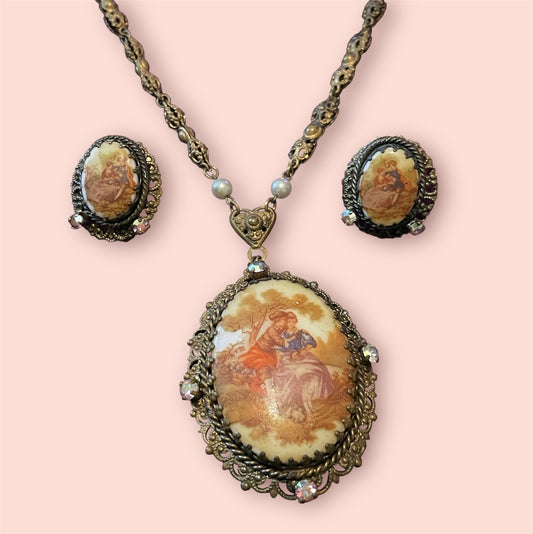 West German Vintage Limogé Courting Couple Brass Filigree Cameo Necklace & Earring Set