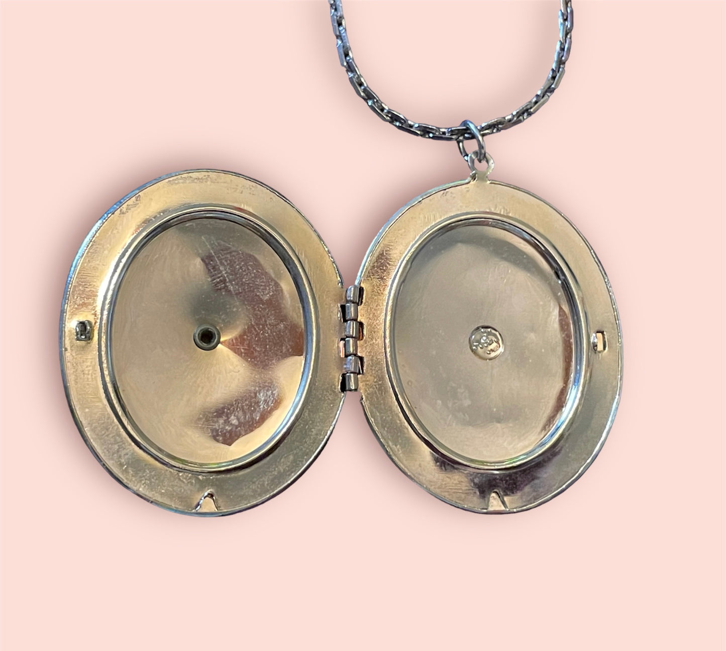 Pink & White Celluloid Lace Gold Cameo Vintage Locket Necklace