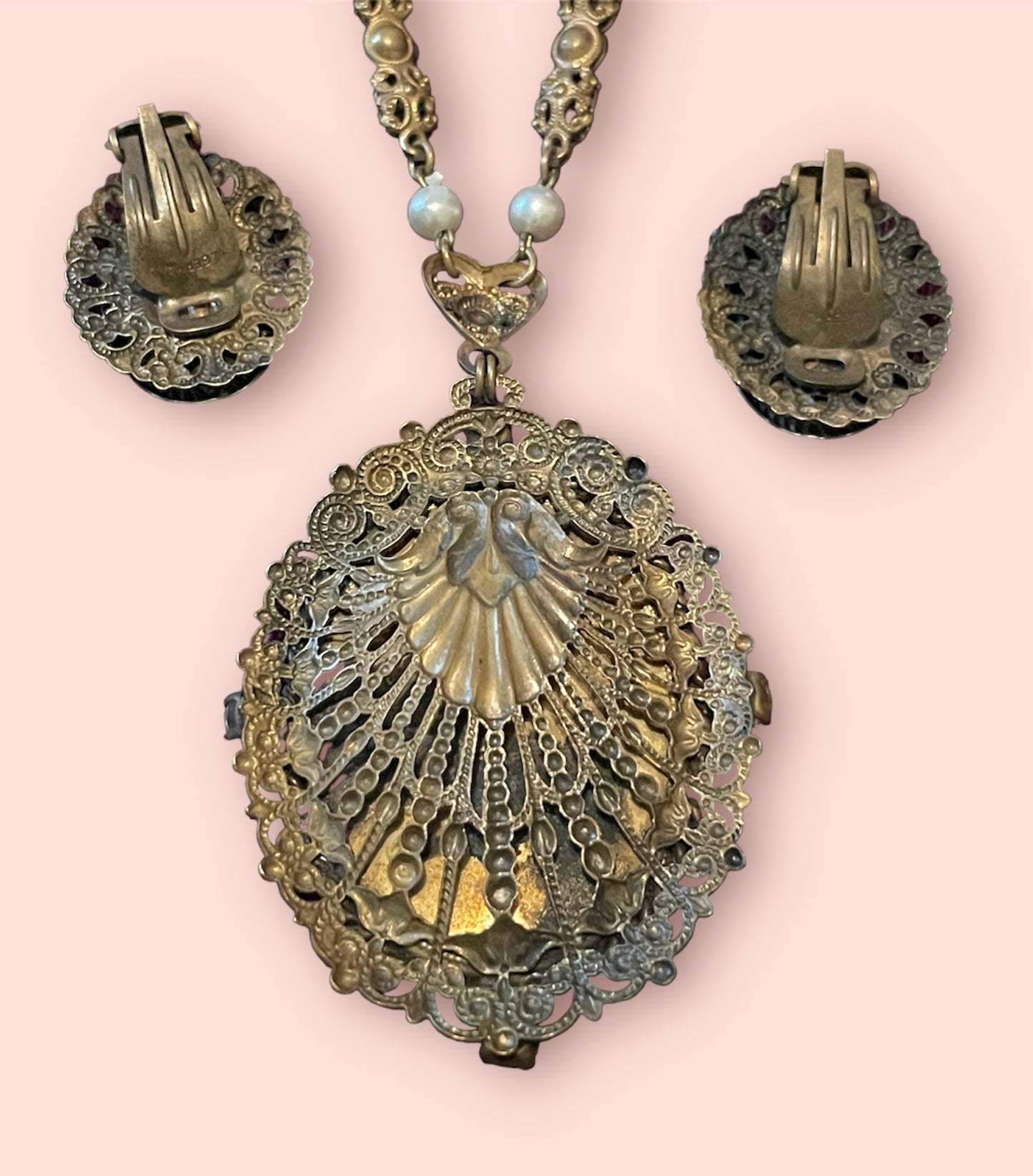 West German Vintage Limogé Courting Couple Brass Filigree Cameo Necklace & Earring Set