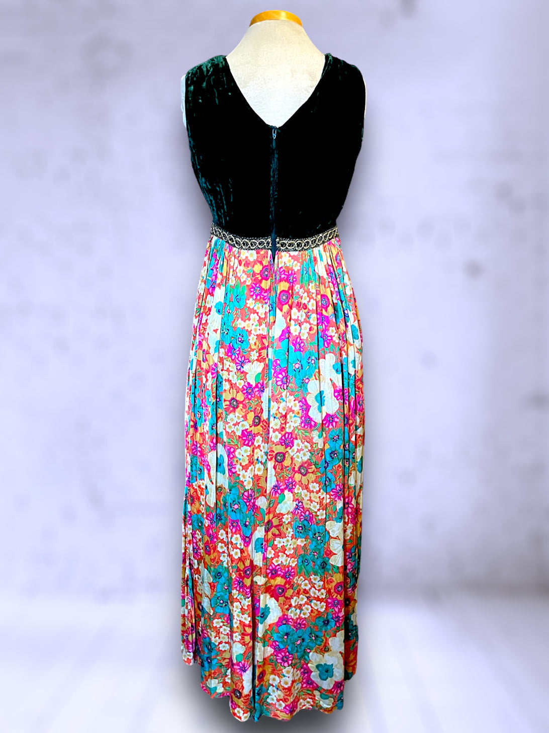 1960’s Vintage Green Velvet & Rainbow Floral Palazzo Pant Jumpsuit