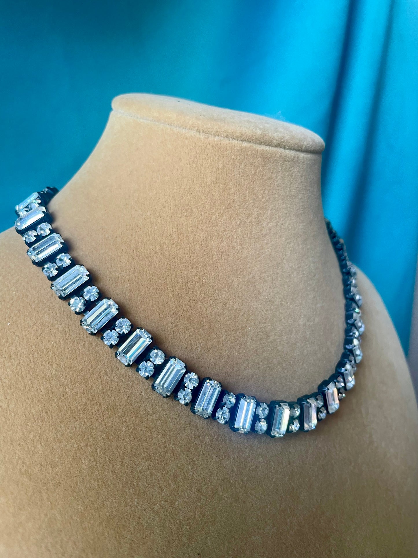 Prong Set Vintage Crystal Black Gunmetal Patina Bridal Choker Necklace