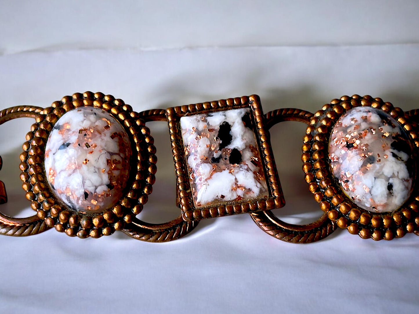 1960’s Copper Link Marble Confetti Foil Art Glass Chunky Bracelet