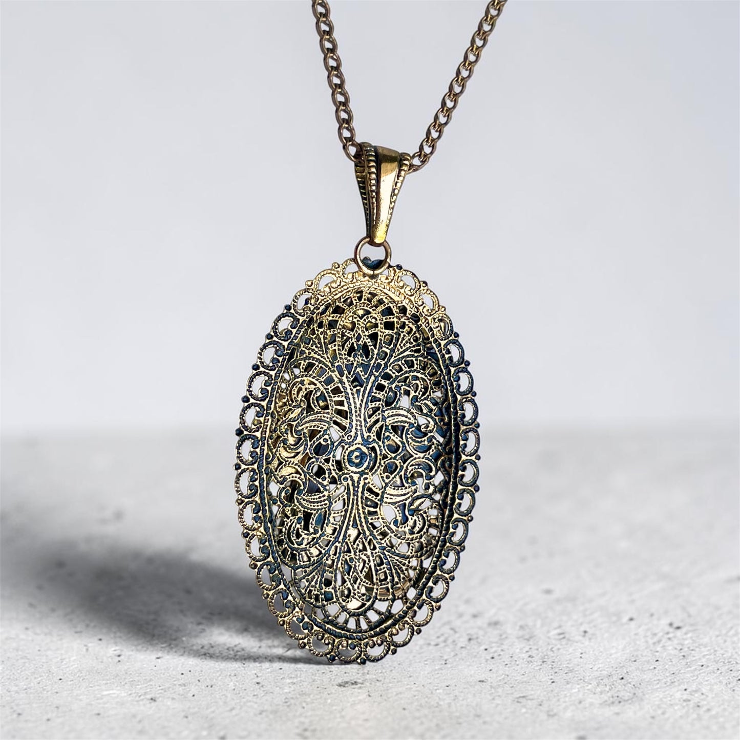 Antique Czech Brass Filigree Sapphire Prong Set Blue Crystal Pendant Necklace