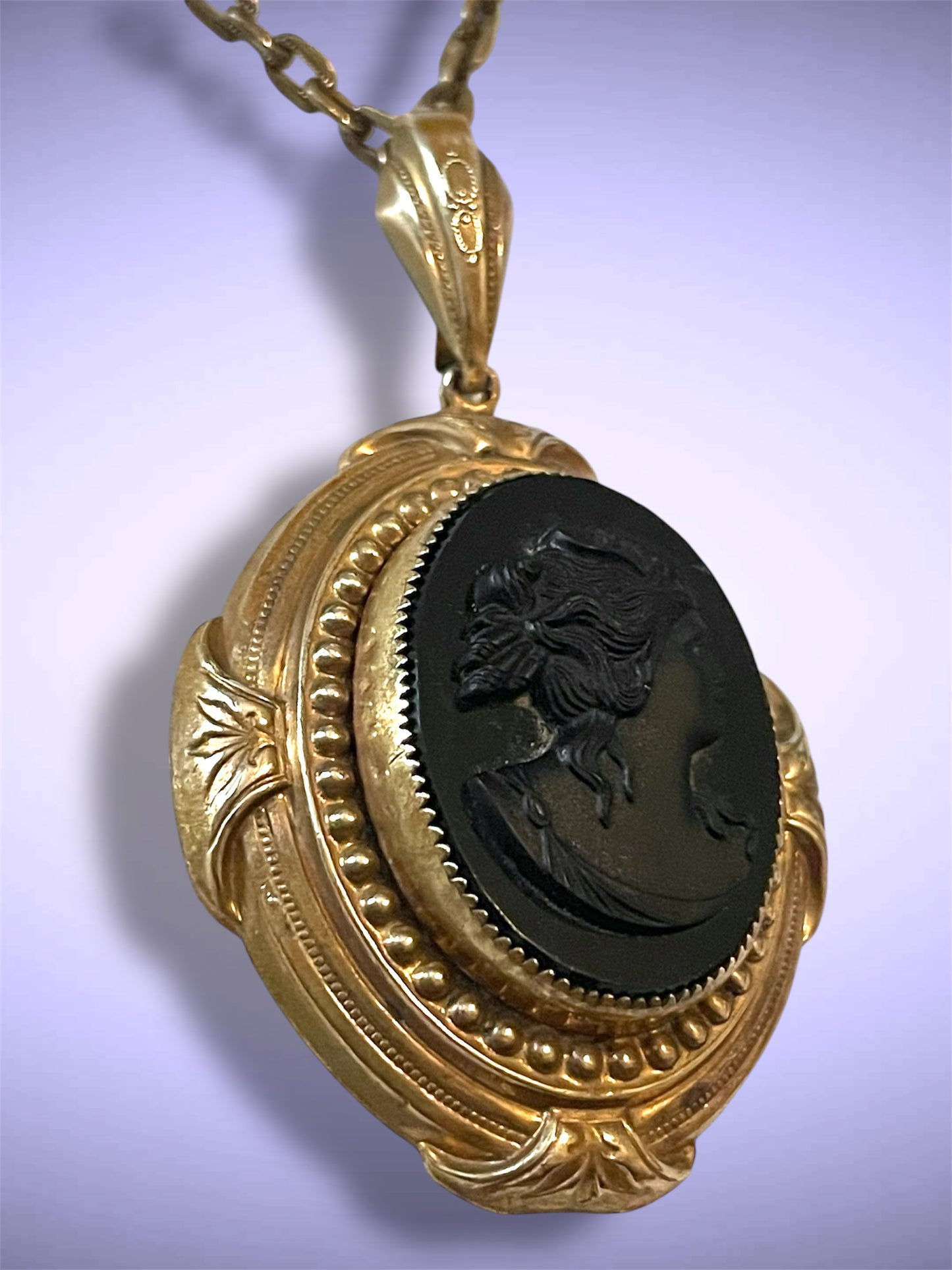 Antique Victorian Gilded Brass Repoussé Hollowwork Black Mourning Cameo Necklace