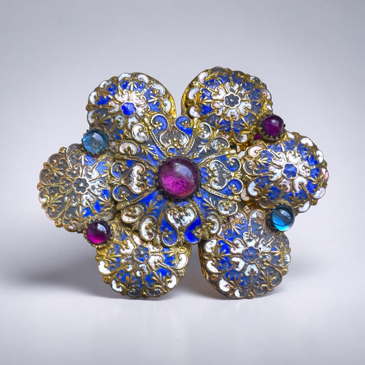 Edwardian/Art Nouveau Czechoslovakian Purple & Blue Art Glass, Cloisonné Enamel Brass Belt Buckle
