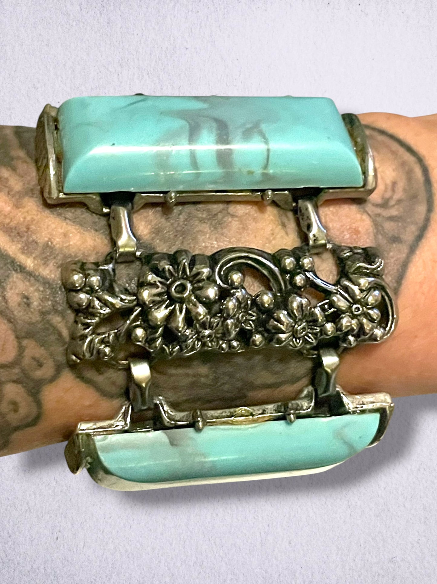 Mid Century Modern Chunky Silver Flower & Thermoset Faux Turquoise Panel Bracelet