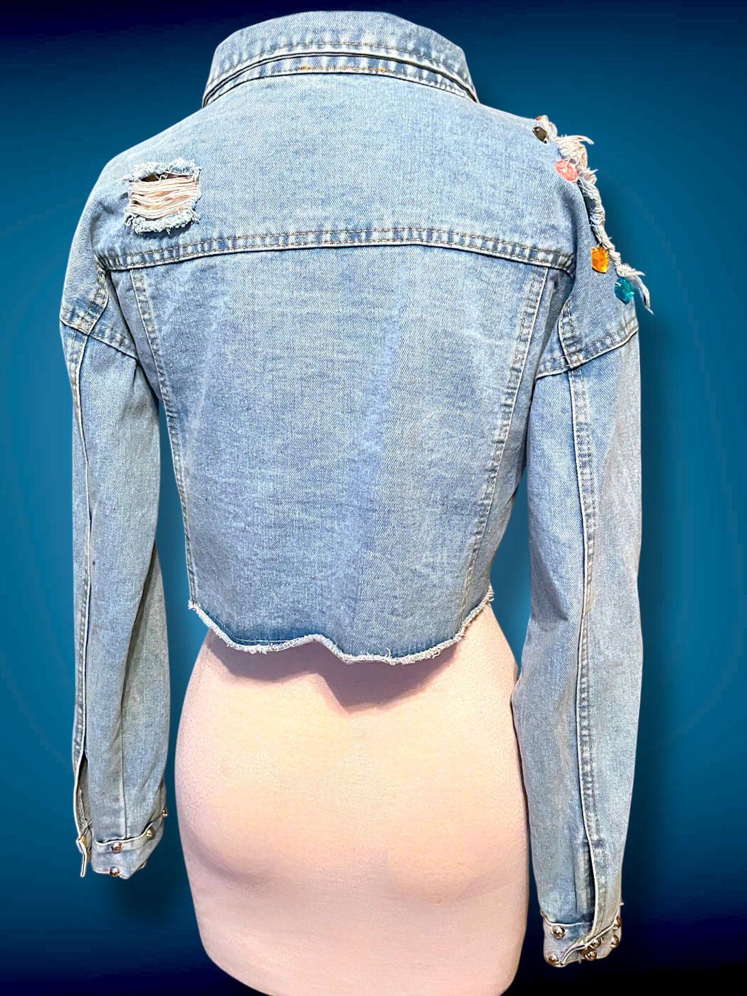Vintage 1980’s Rainbow Jewel Crystal Stone Encrusted & Metal Rivet Crop Distressed Jean Jacket