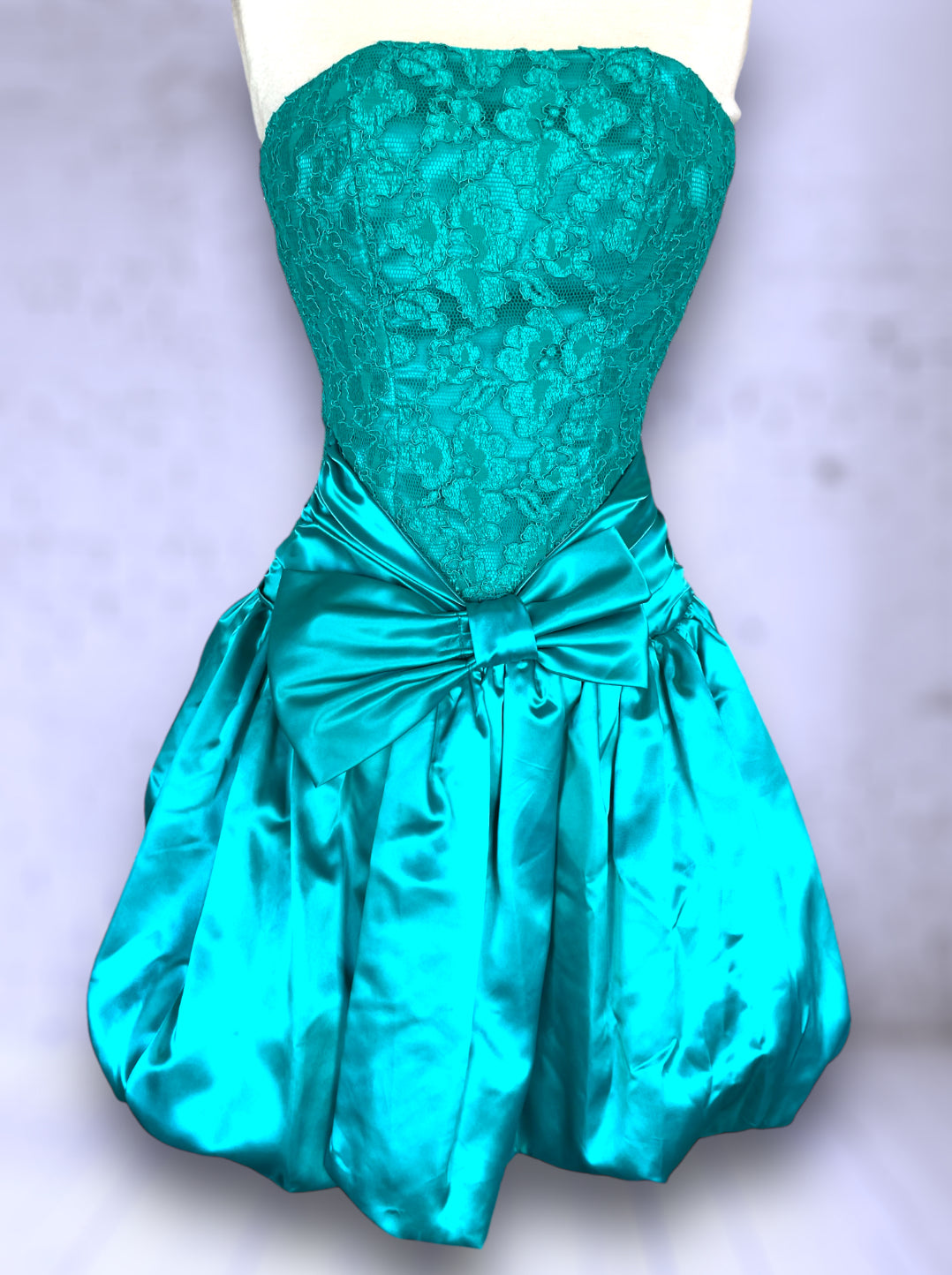 1980’s Turquoise Satin & Lace Strapless Poofy Short Skirt Big Bow Party Dress