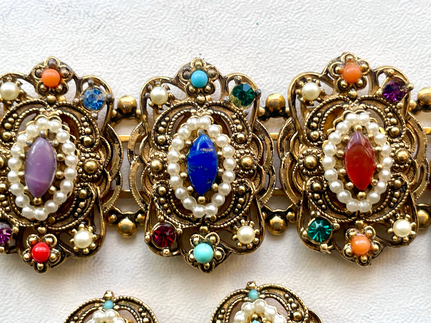 Ornate Victorian Bookchain Gold Brass Filigree Openwork Designer Crystal, Art Glass & Pearl Bracelet & Earring Demi Parure
