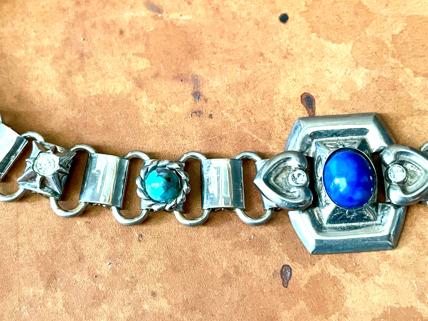 Victorian Chunky Silver Book-link Chain, Blue Lapis & Turquoise Art Glass & Crystal Rhinestone Collar Necklace