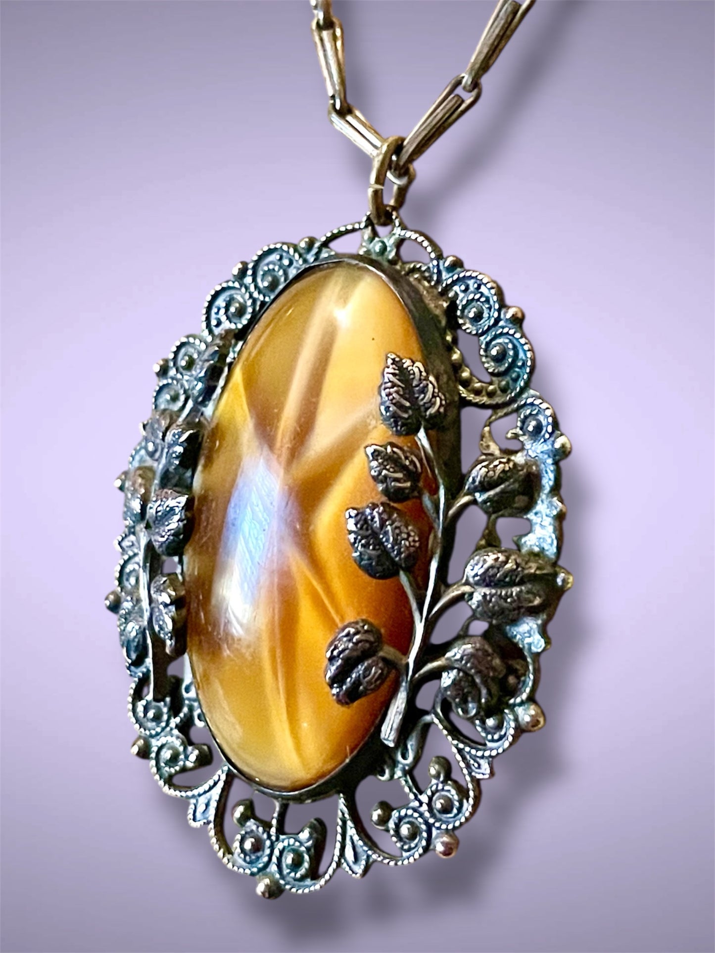 Art Nouveau Czechoslovakian Brass Citrine Cat Eye Star Art Glass Necklace