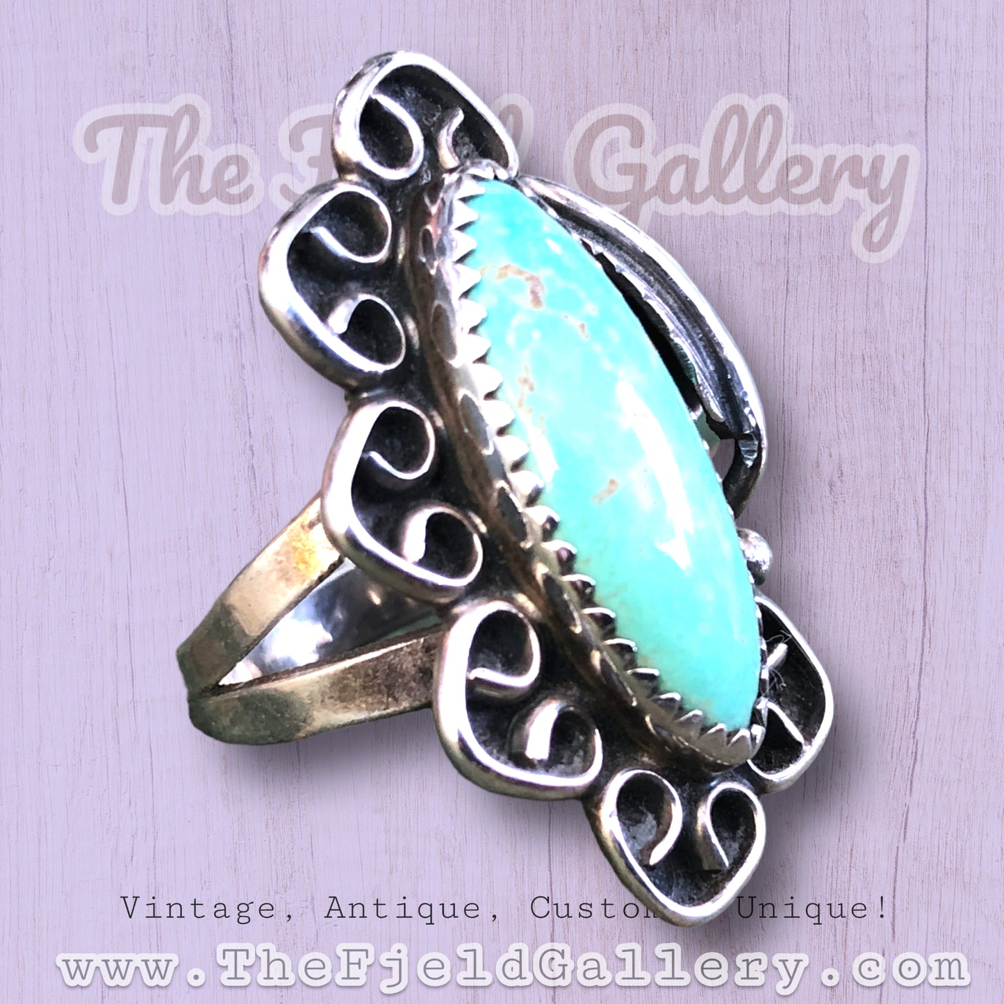 Vintage Sterling Silver & Turquoise Native American Long Leaf Detail Ring