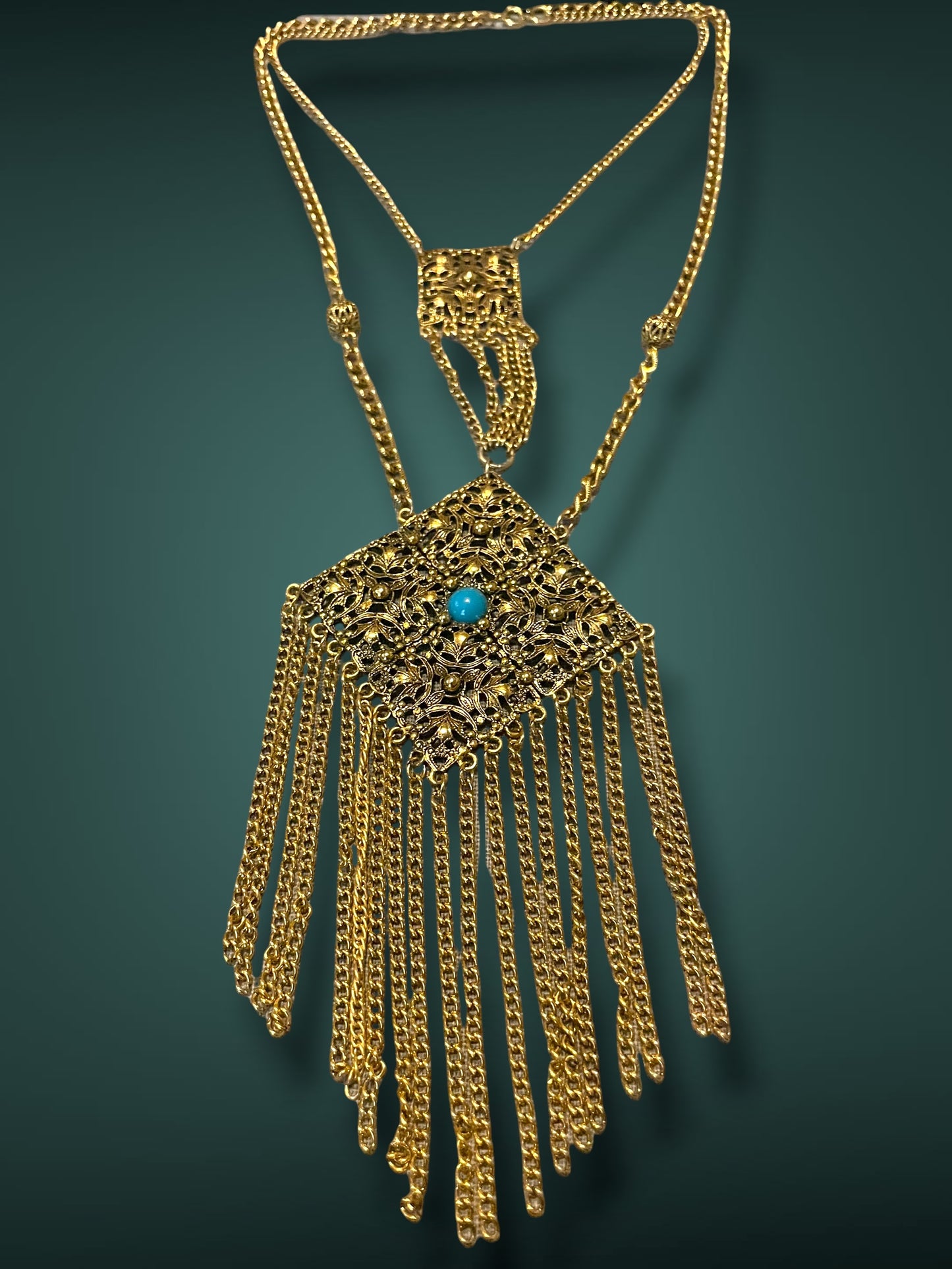 Art Nouveau Czech Gold Filigree Chestplate Turquoise Chain Dangle Festoon Necklace