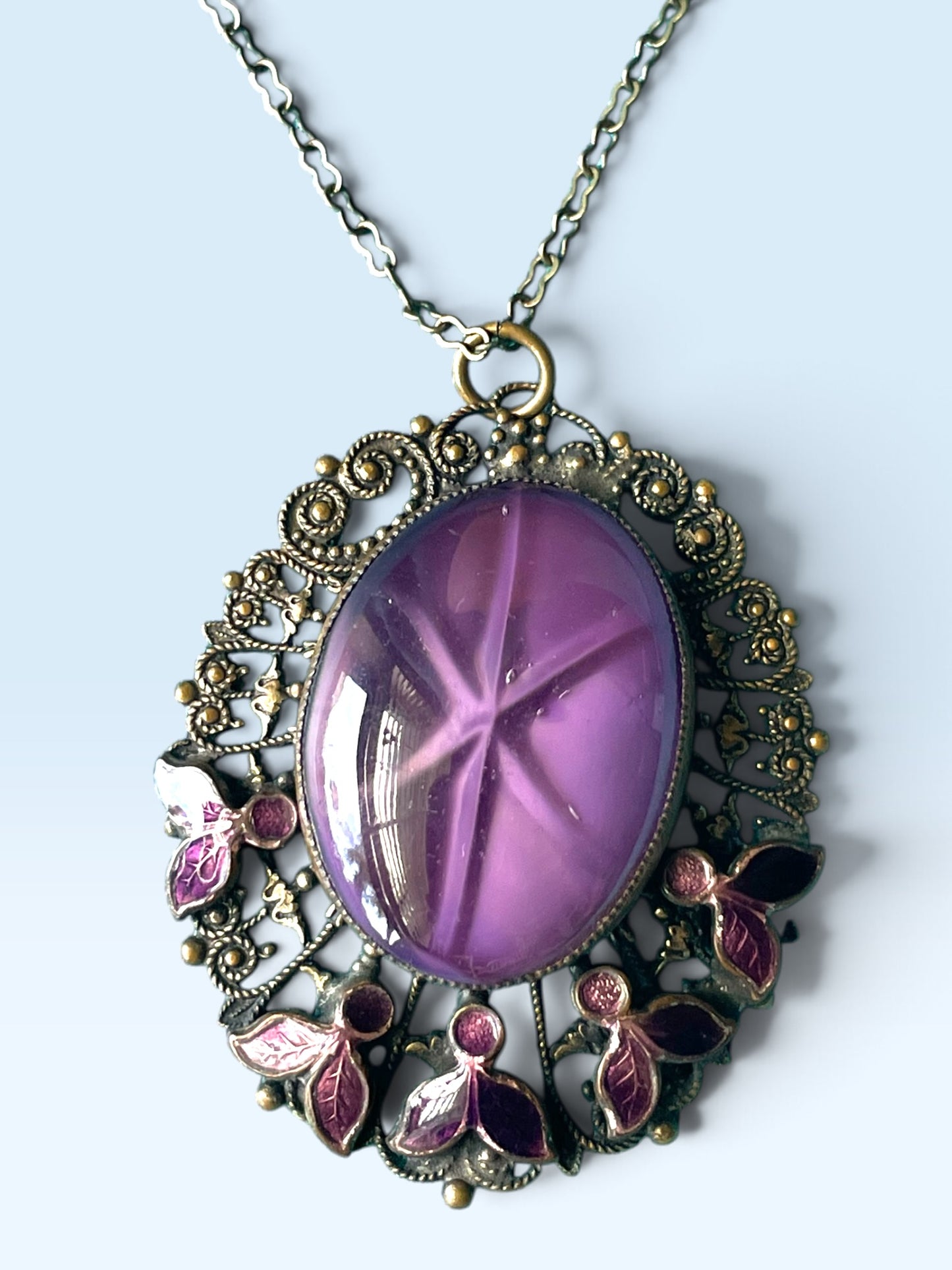 Art Nouveau Nieger Brothers Purple Cat Eye Star Art Glass Enamel Flower Brass Filigree Necklace