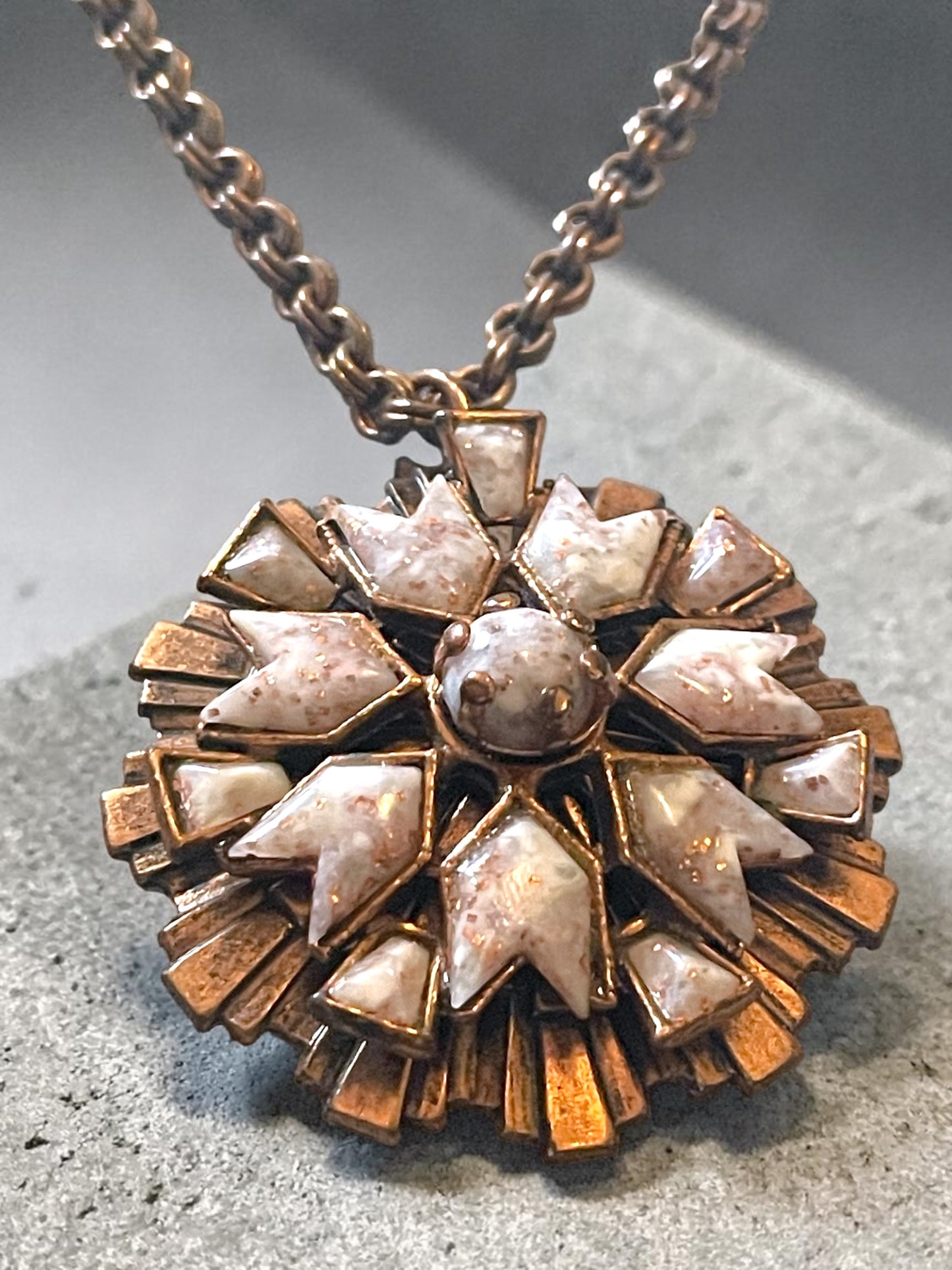 Modernist Arts & Crafts Copper Geometric Sunburst Pink Confetti Foil Art Glass Necklace