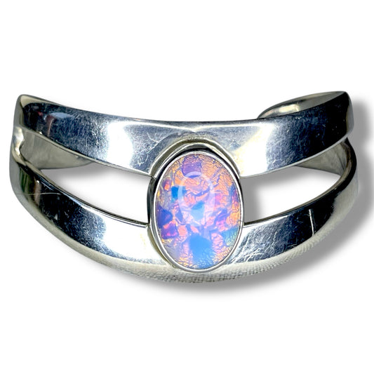 Vintage Solid Sterling Silver Pink Dragons Breath Fire Opal Cuff Bracelet