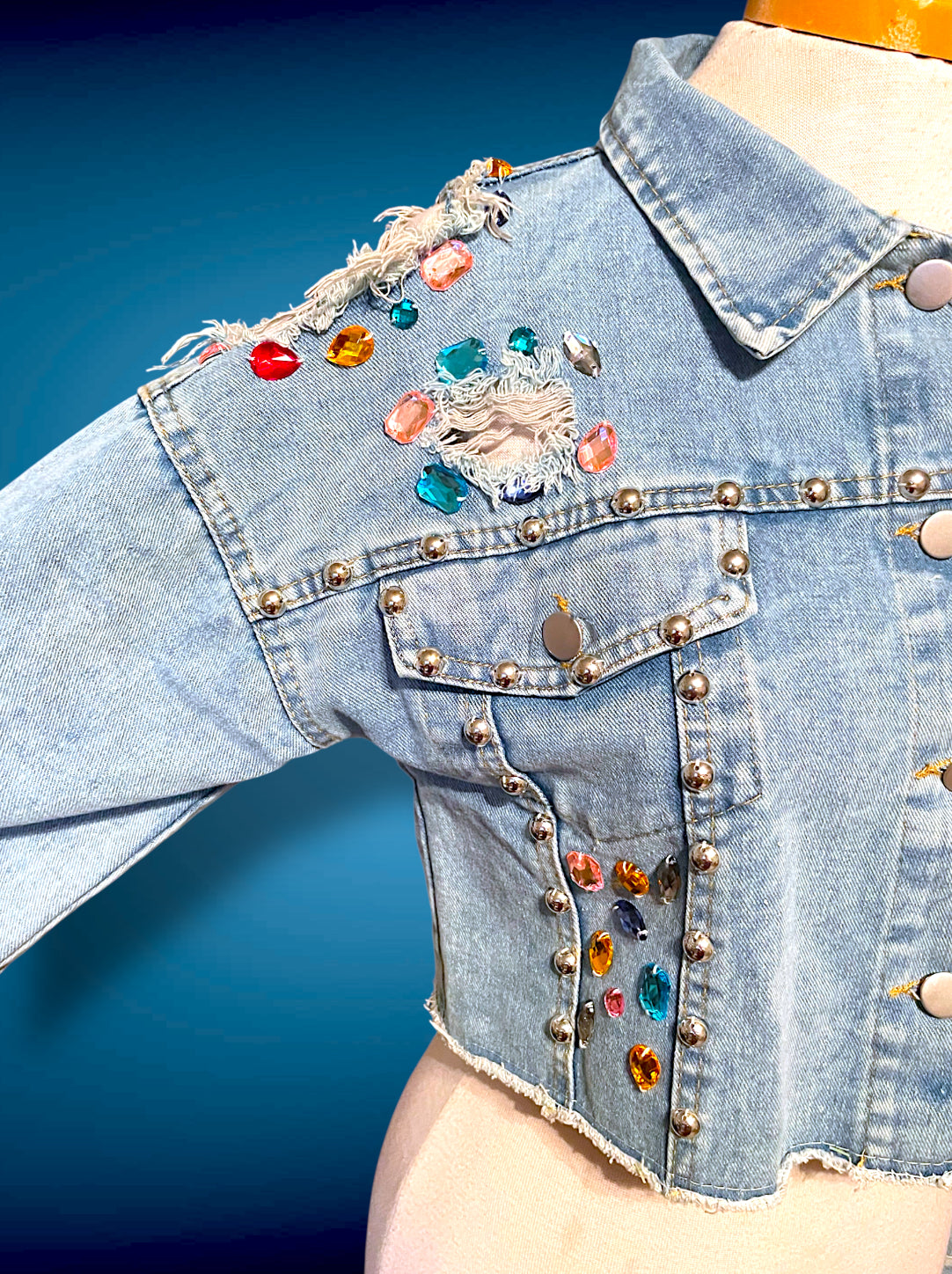 Vintage 1980’s Rainbow Jewel Crystal Stone Encrusted & Metal Rivet Crop Distressed Jean Jacket