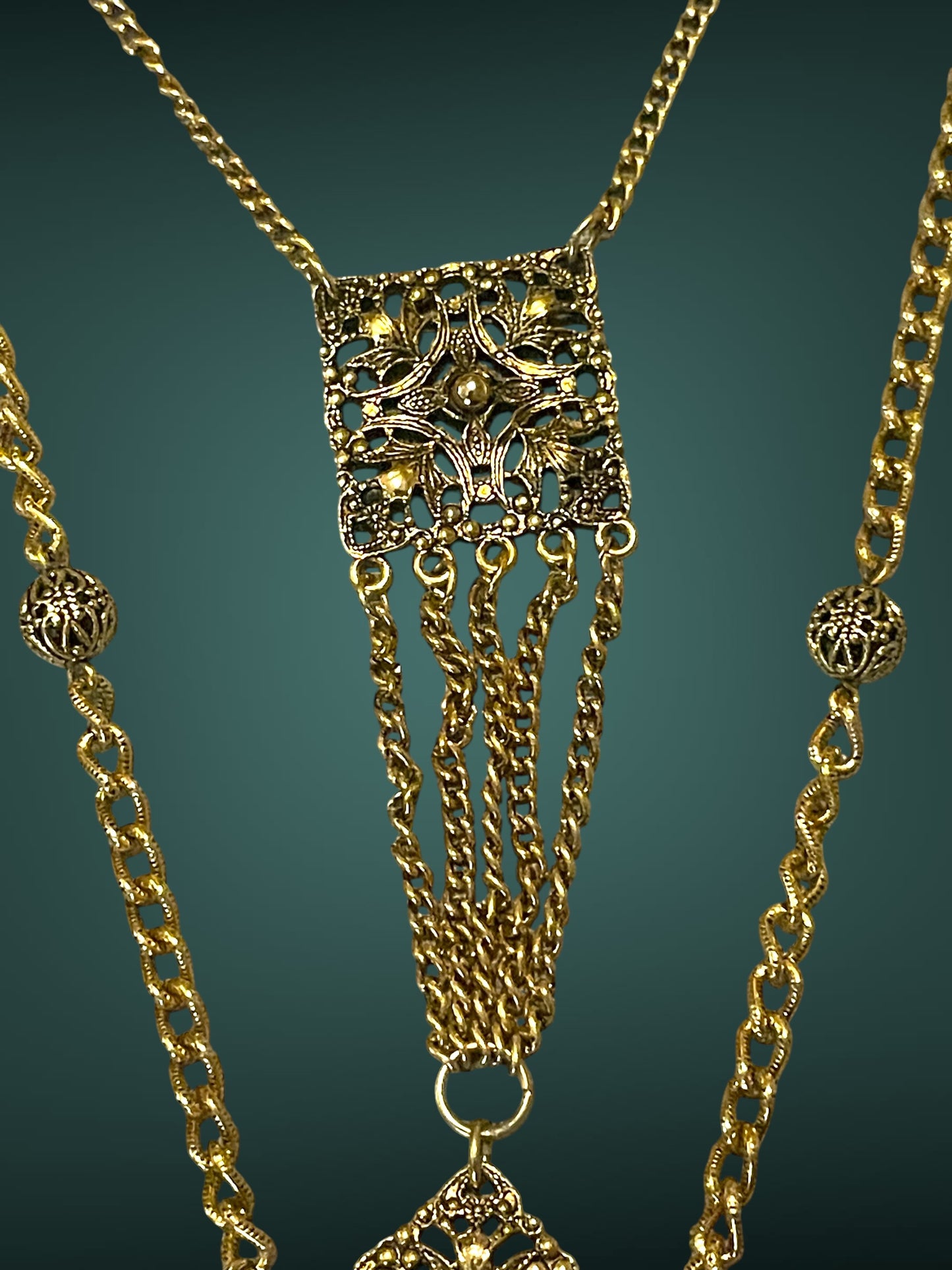 Art Nouveau Czech Gold Filigree Chestplate Turquoise Chain Dangle Festoon Necklace