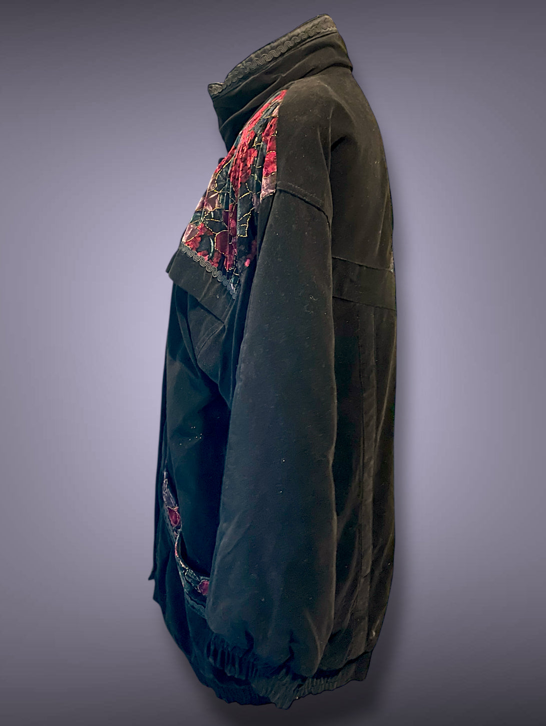 80’s 90’s Black Velvet Puffer Coat w/ Red & Purple Gold Crush Velvet Rose Detail