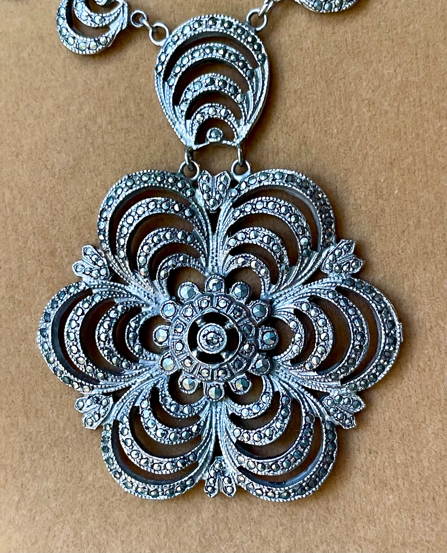 Sterling Silver & Marcasite Art Deco Flower Design Necklace