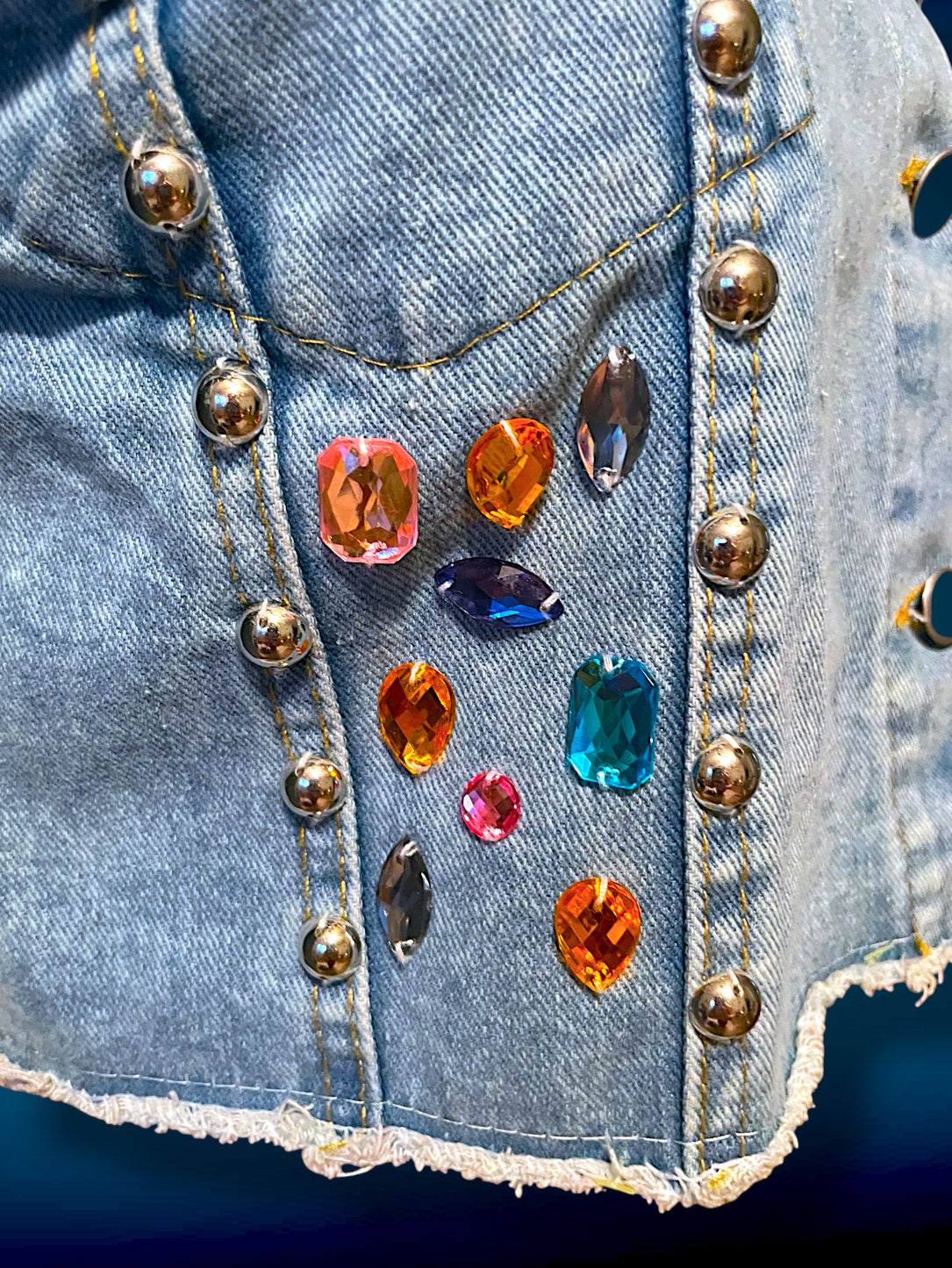 Vintage 1980’s Rainbow Jewel Crystal Stone Encrusted & Metal Rivet Crop Distressed Jean Jacket