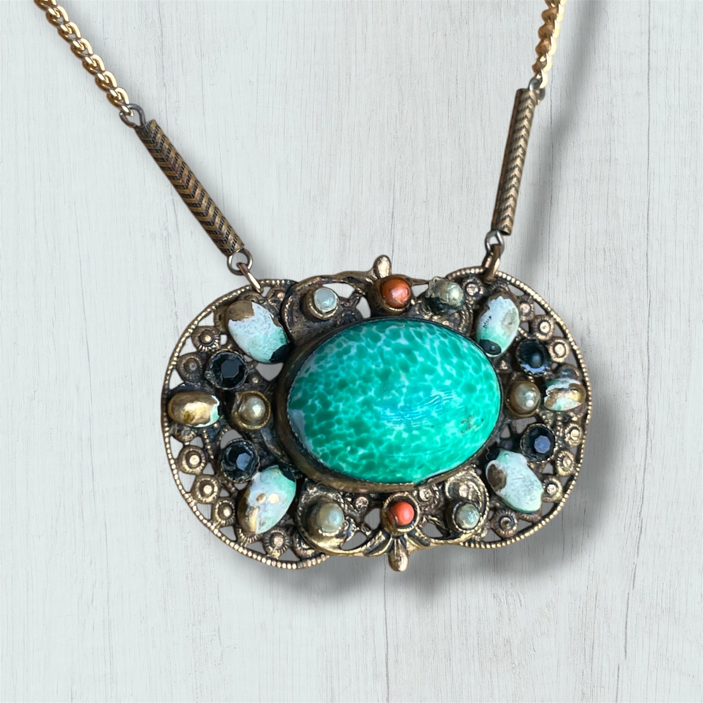 Art Nouveau Czechoslovakian Brass Filigree Jade Peking Art Glass Necklace