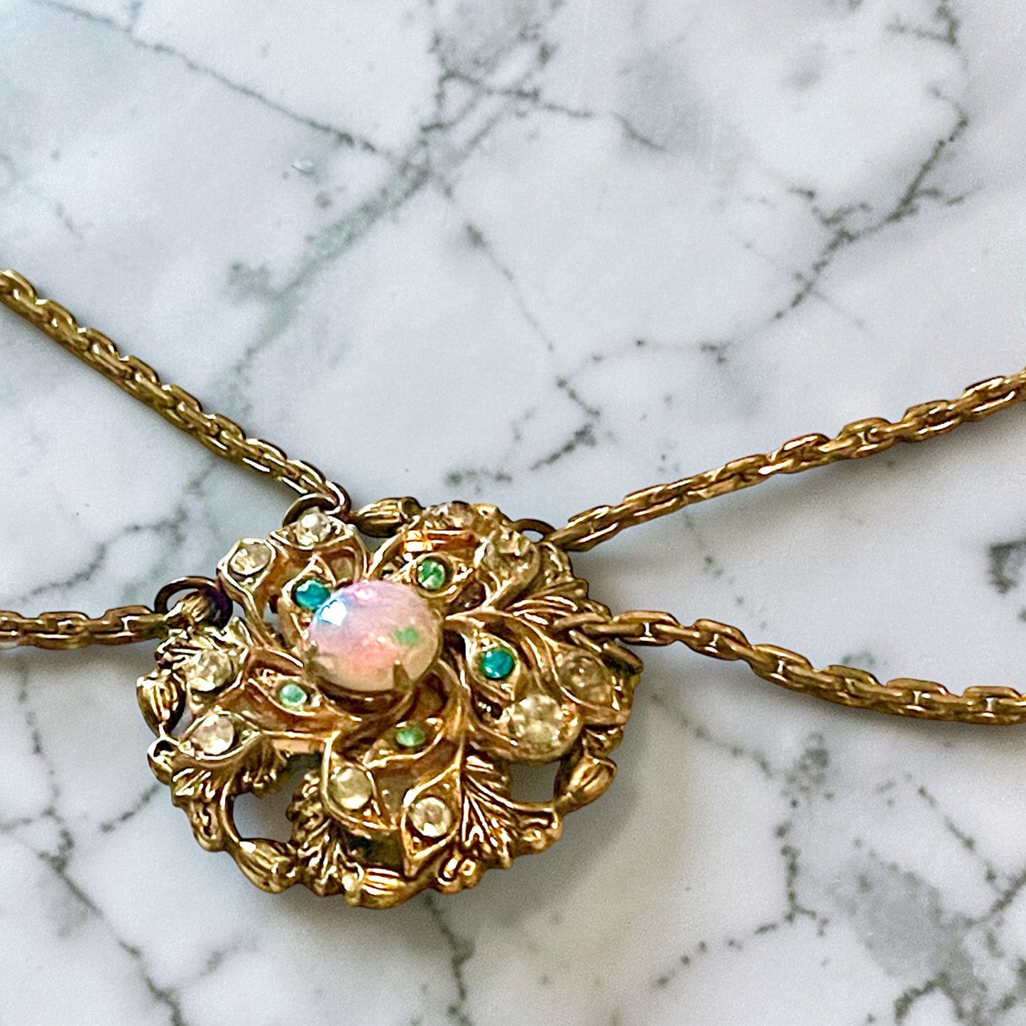 Edwardian Pink Gold Foil Art Glass Dragons Breath Fire Opal Festoon Necklace