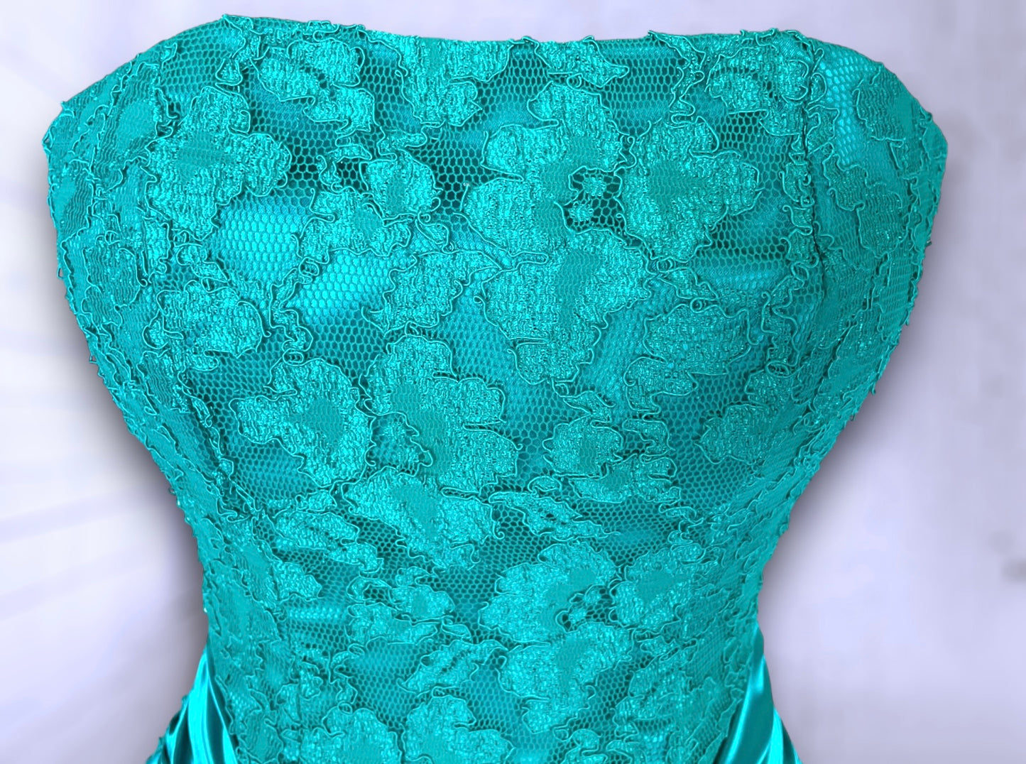 1980’s Turquoise Satin & Lace Strapless Poofy Short Skirt Big Bow Party Dress